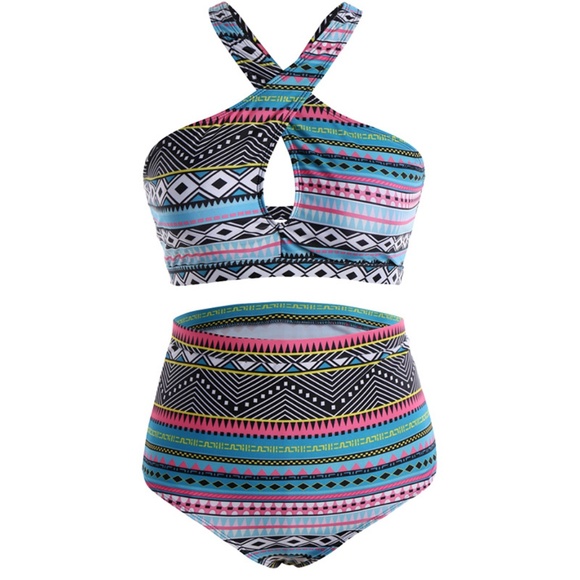 Rosegal Plus Size Ethnic Printed Ombre O-Ring Padded Three Piece Skirt Tankini Swimsuit, Blue, Medium Plus
